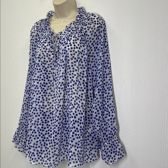 Boden - Florence Blue And White Floral Ruffle Long Sleeve  Mesh Blouse Size 12 - Picture 4 of 10
